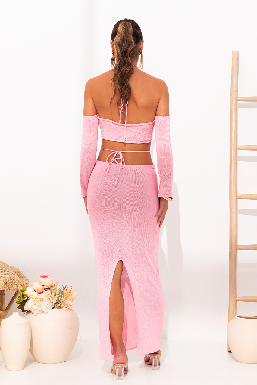 Pink Knit Long sleeve Crop Top & Maxi Skirt Coord