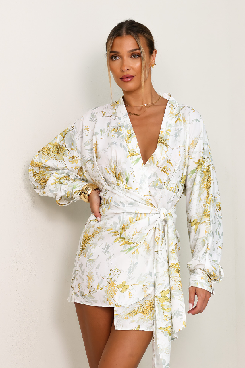 White & Yellow Floral Linen Robe Mini Dress
