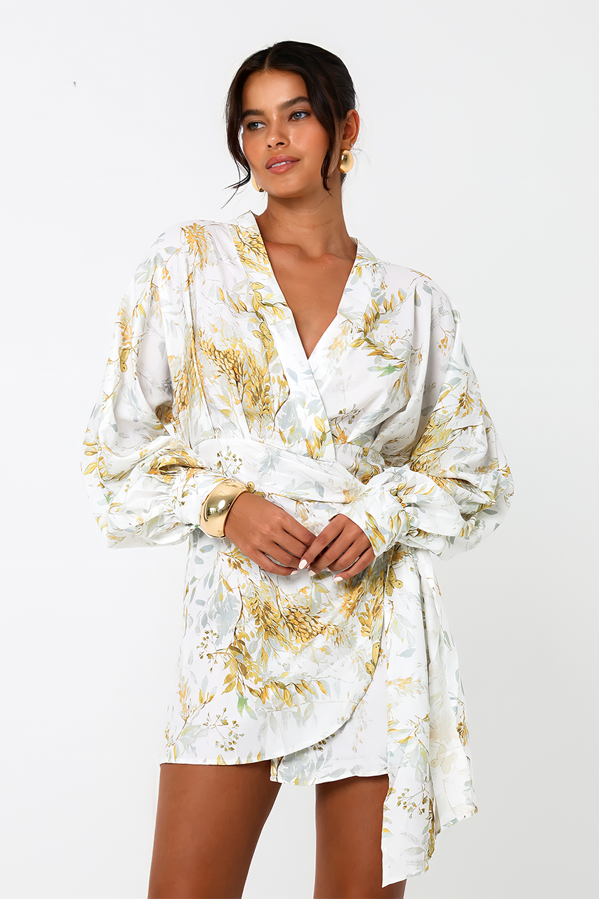 White & Yellow Floral Linen Robe Mini Dress