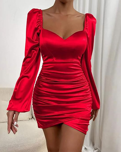 Red Lantern Long Sleeve Sweetheart Neck line Thick Satin Mini Dress