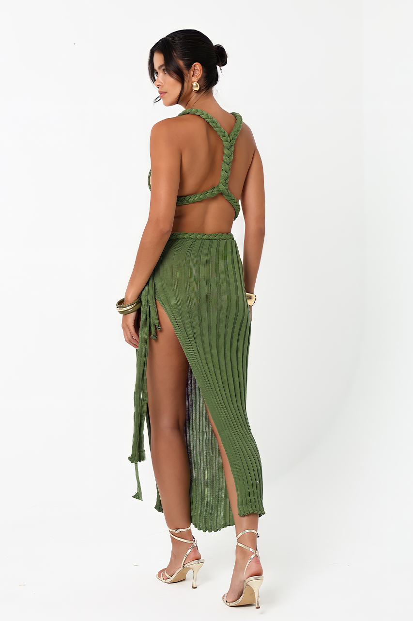 Olive Green Knit Midi Dress