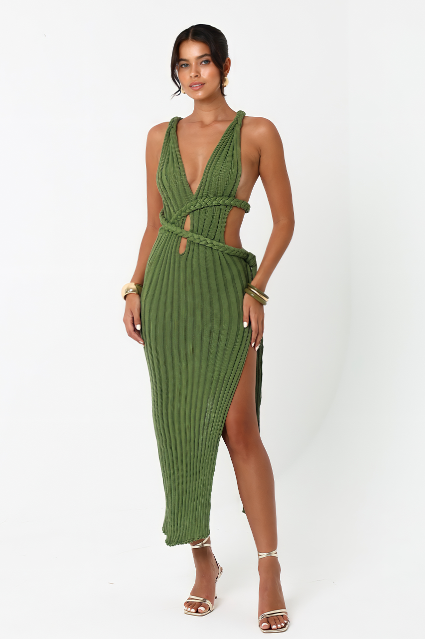 Olive Green Knit Midi Dress