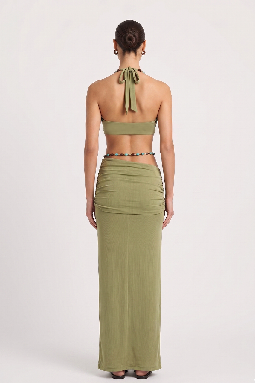Green Mesh Beaded Bralette Top & Maxi Skirt Coord