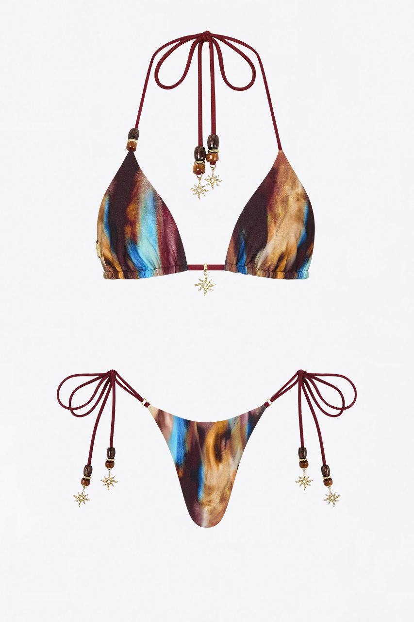 Multicolor Abstract Tie Side Beaded Bikini