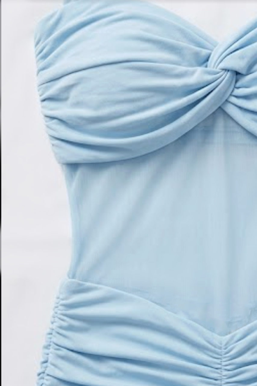 Sky Blue Ruched Mesh Maxi Dress