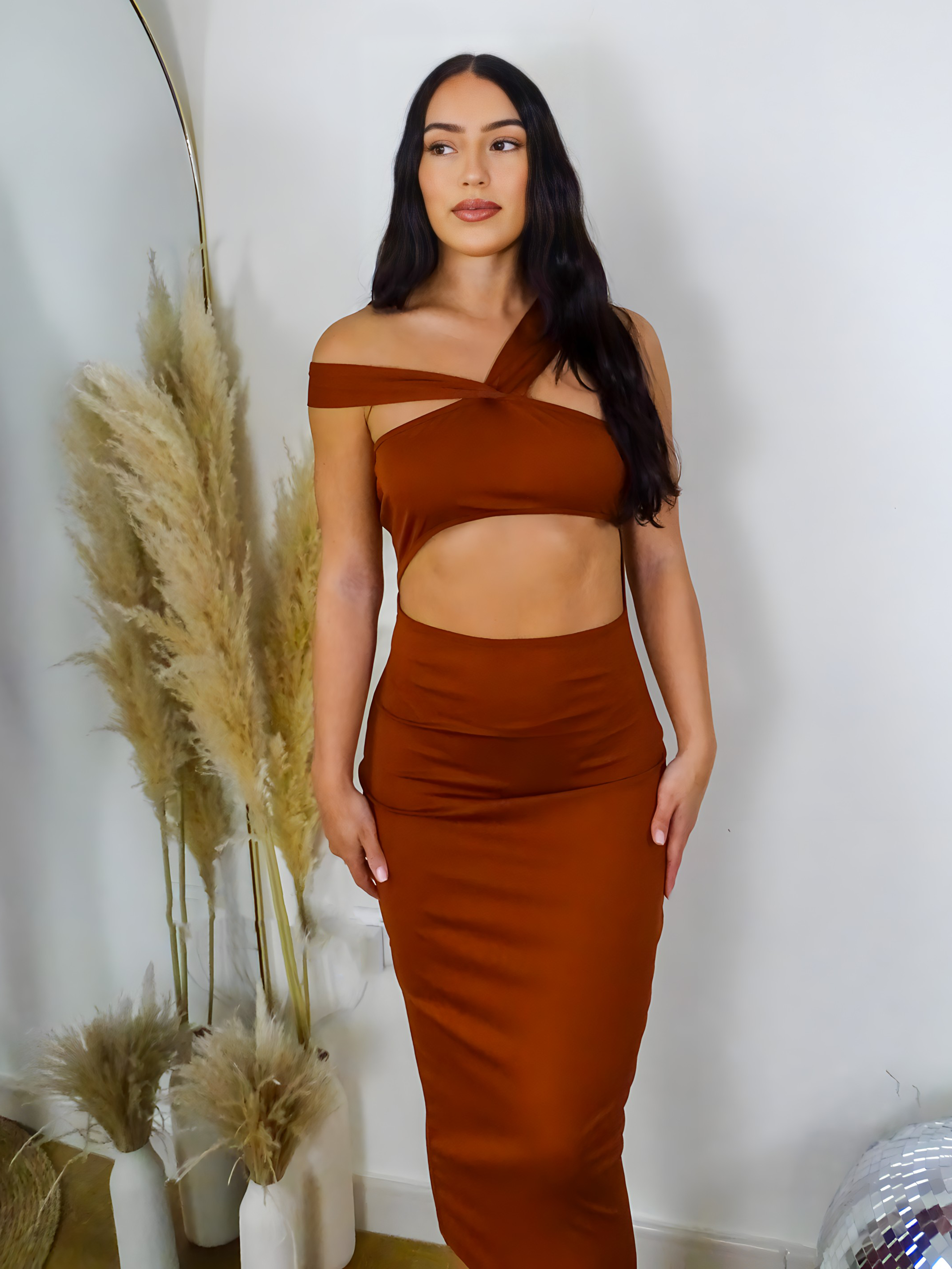 Brown Cutout One Shoulder Midi Dress