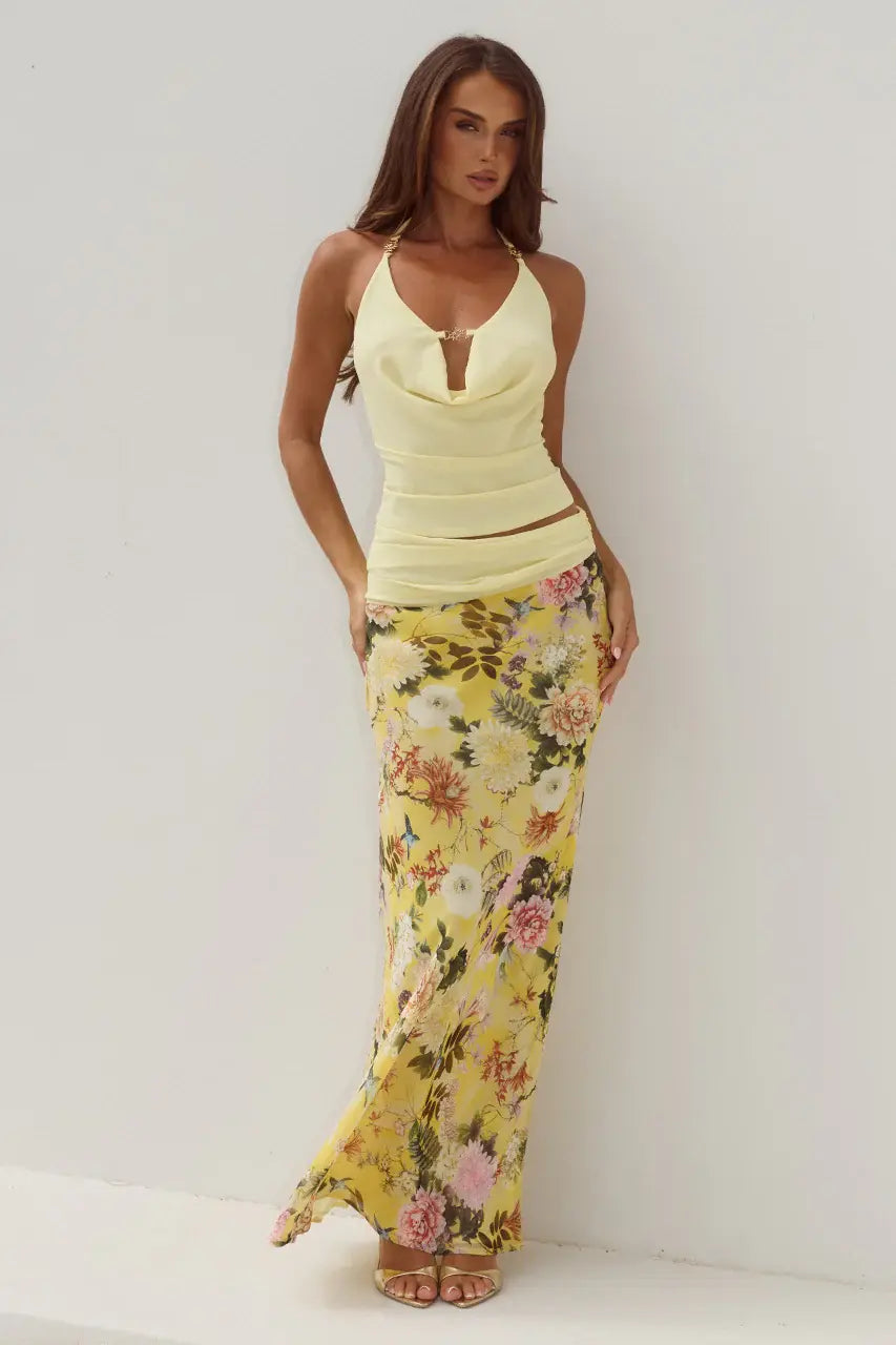 RUNAWAY THE LABEL HELENA COWL TOP & LOW WAIST MAXI SKIRT COORD - MANGO