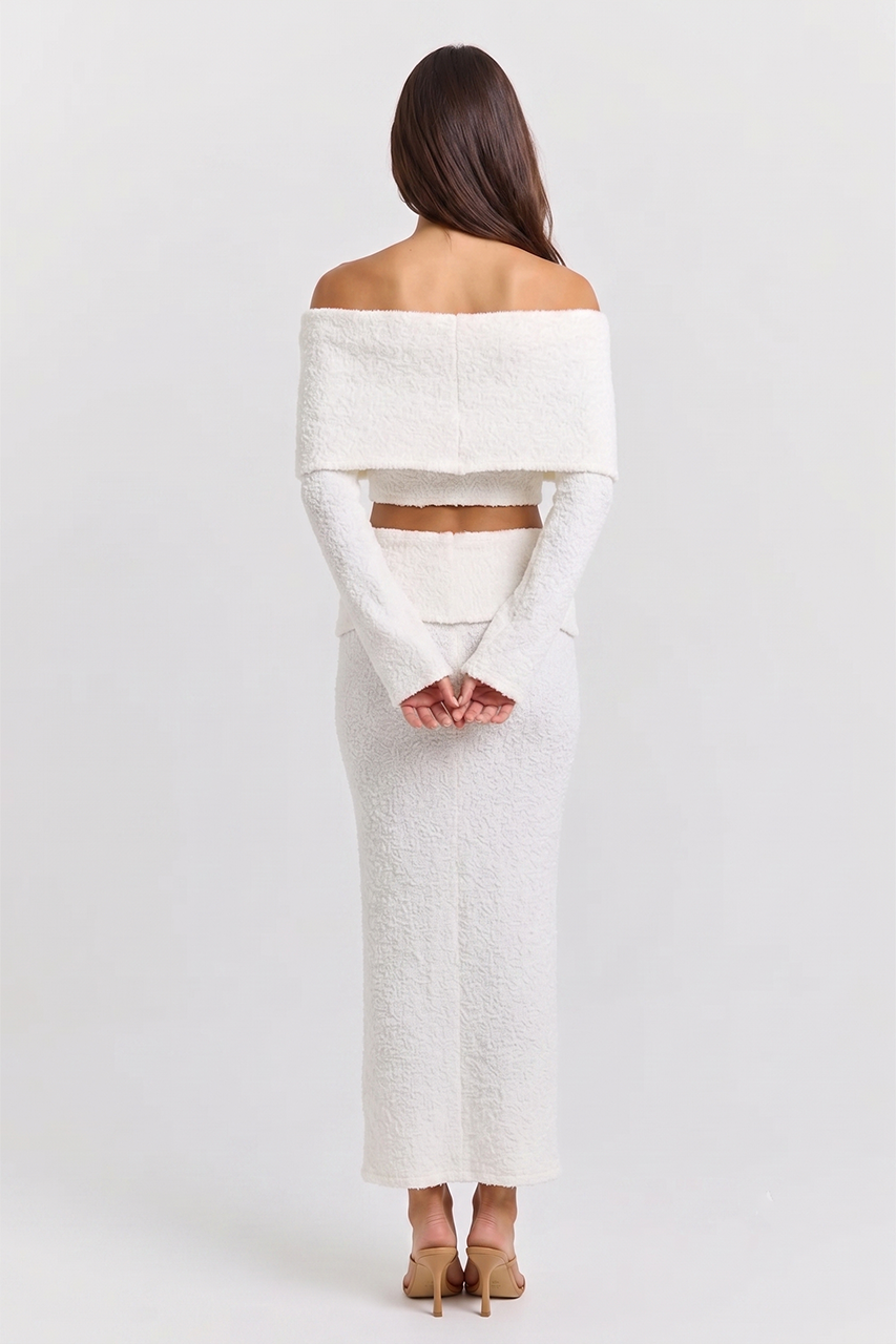 White Knit Long Sleeve Top & Maxi Skirt Coord Set