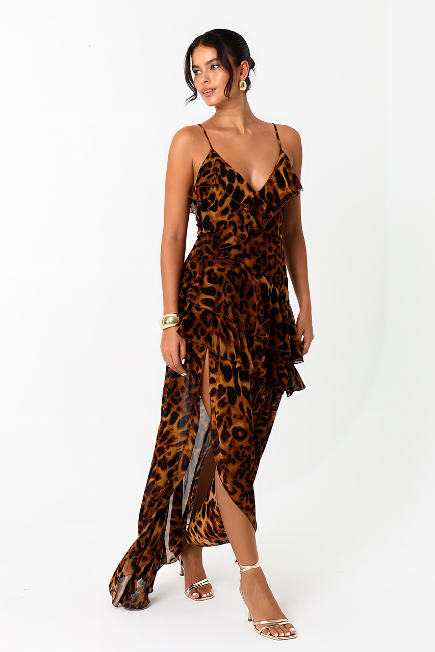 Brown Leopard Print Chiffon Slit Ruffle Maxi Dress