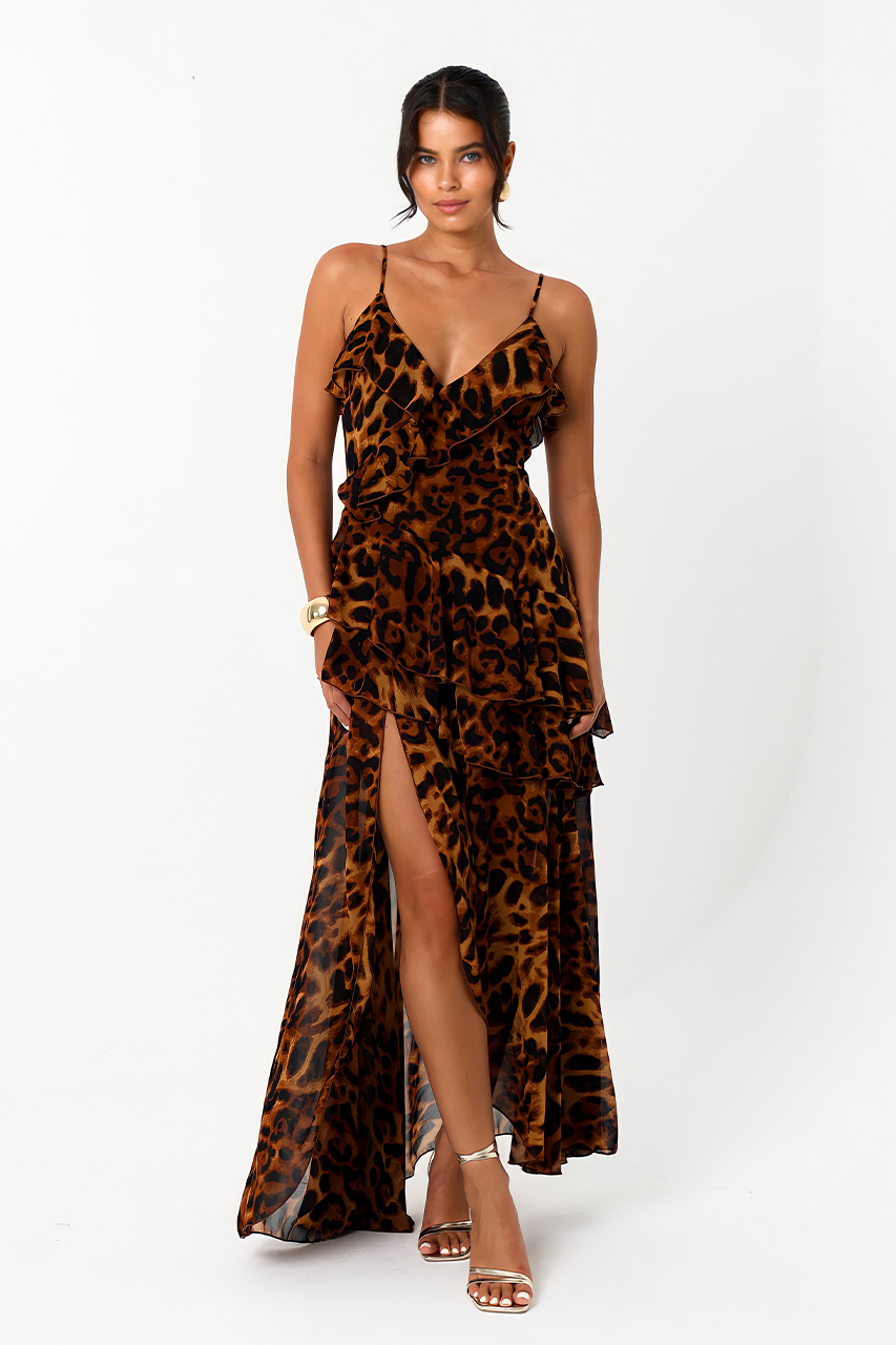 Brown Leopard Print Chiffon Slit Ruffle Maxi Dress