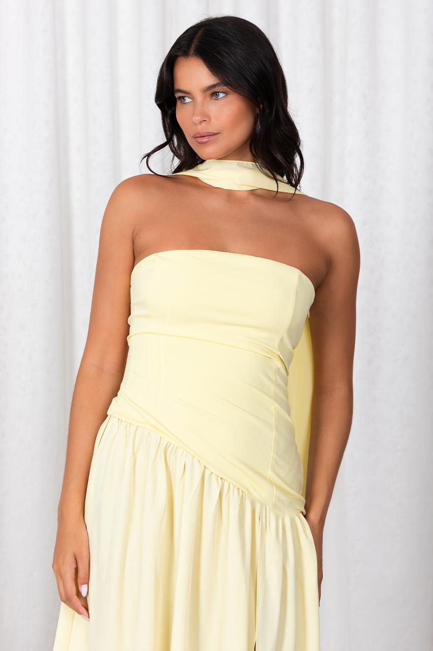 Lemon Yellow Pleated Slit Maxi Dress