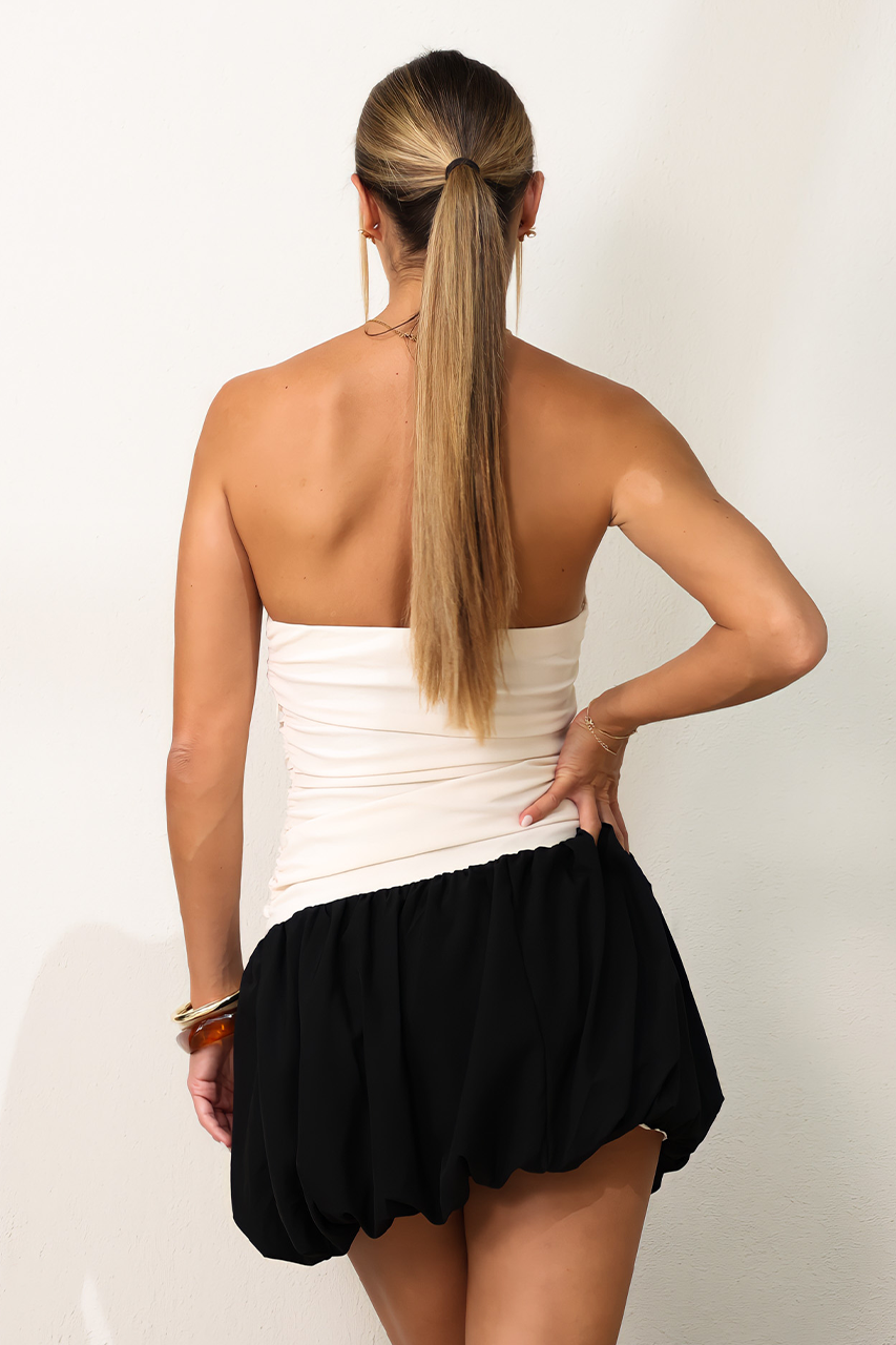Cream & Black Contrast Puffball Mini Dress
