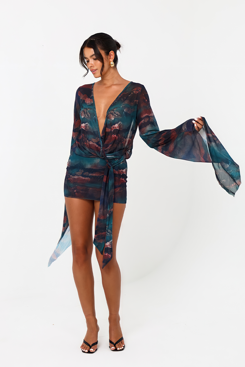 Multicolor Flare Sleeve Mesh Mini Dress