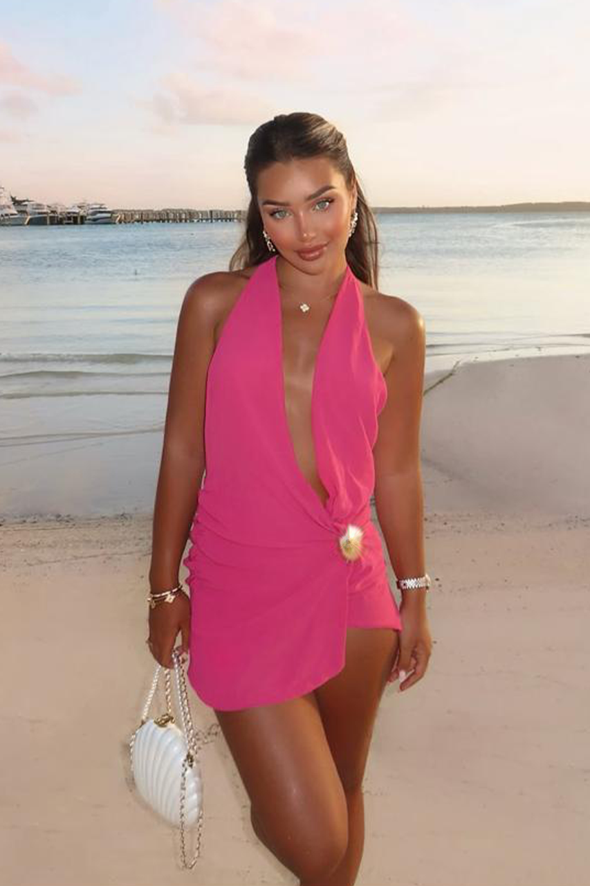 Fuchsia Pink Chiffon Plunge Mini Dress