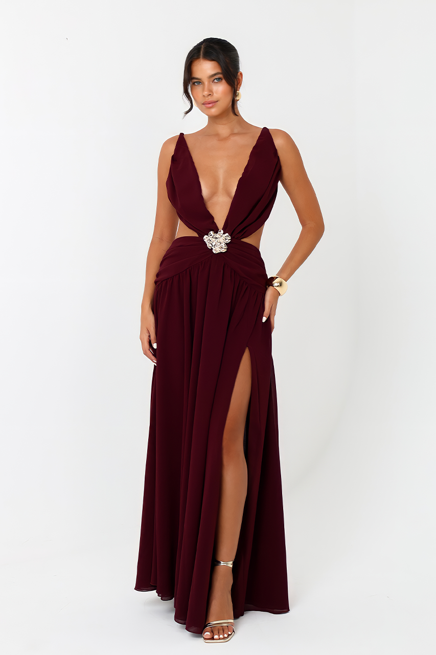 Plum Chiffon Slit Cut Out Maxi Dress