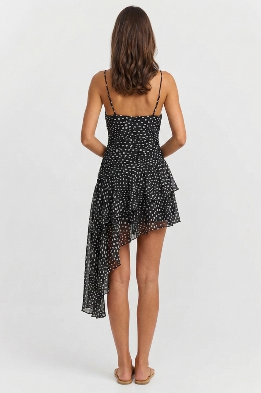 Black Polka Dot Chiffon Ruffle Midi Dress