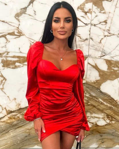 Red Lantern Long Sleeve Sweetheart Neck line Thick Satin Mini Dress