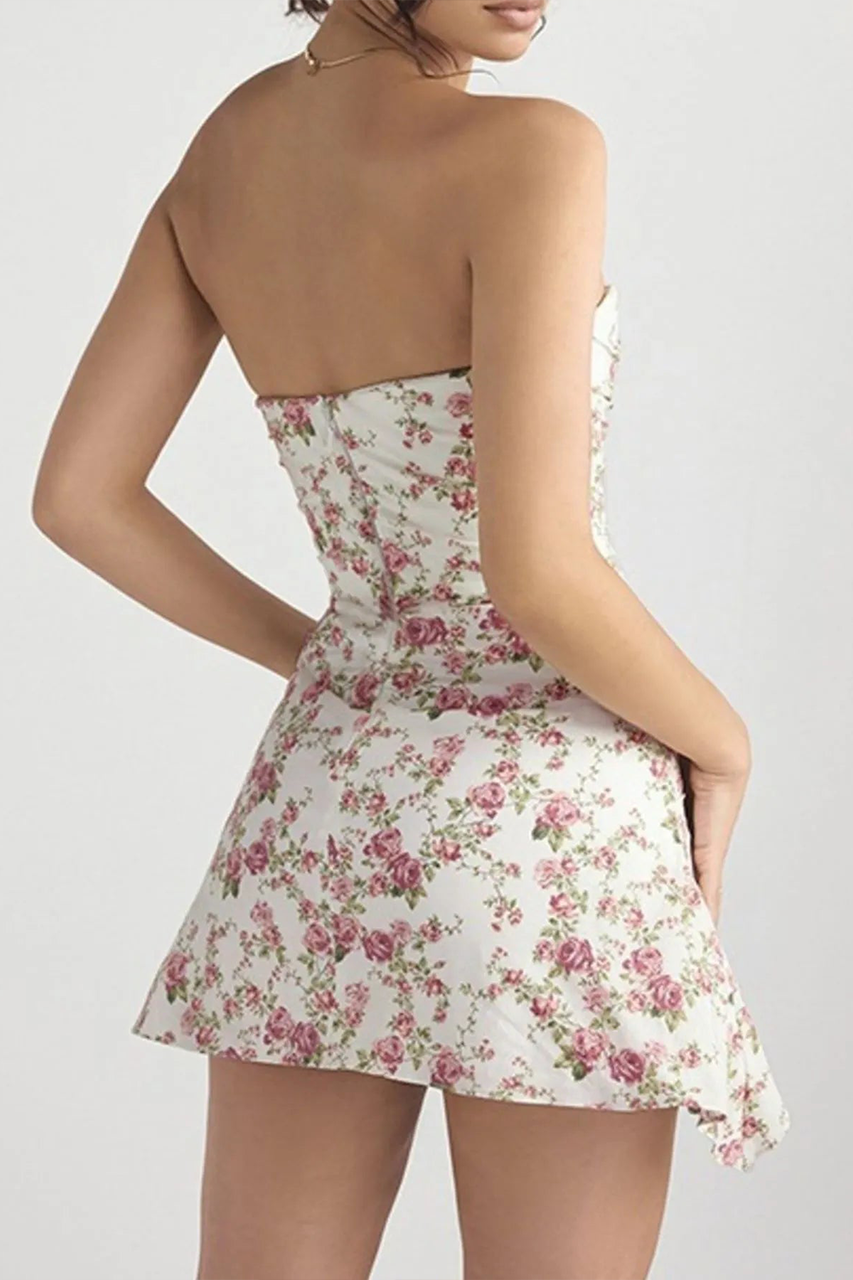 Floral White & Pink Double Layered Bandeau Satin Mini Dress