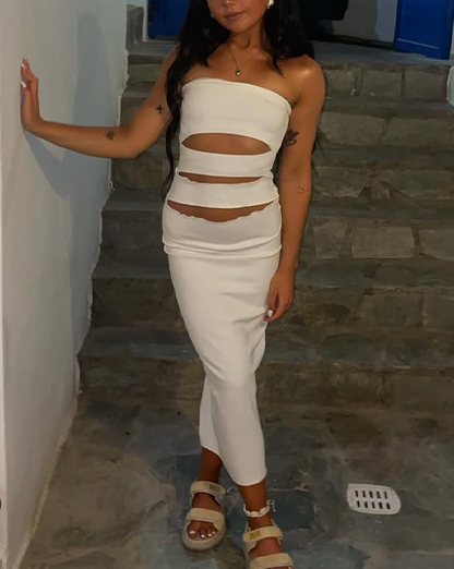 White Knit Cut Out Bandeau Midi Bodycon Dress