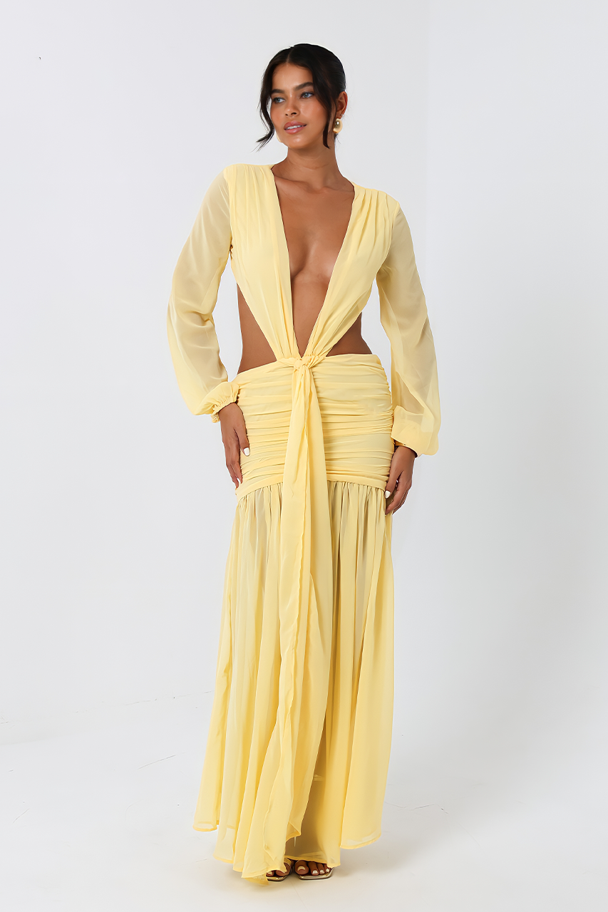Yellow Chiffon Long Sleeve Cut Out Maxi Dress