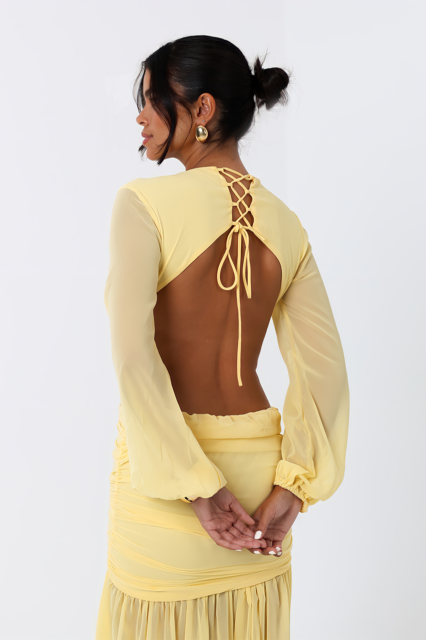 Yellow Chiffon Long Sleeve Cut Out Maxi Dress