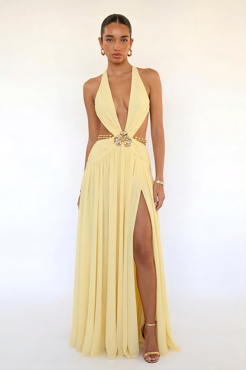 Butter Yellow Plunge Slit Maxi Dress
