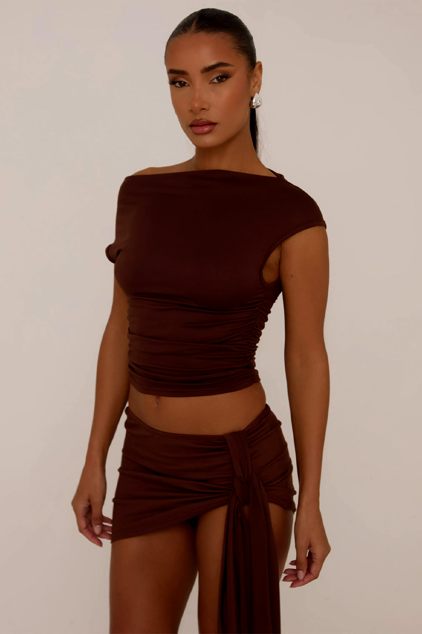 Mocha Brown Mini Drape Skirt Coord